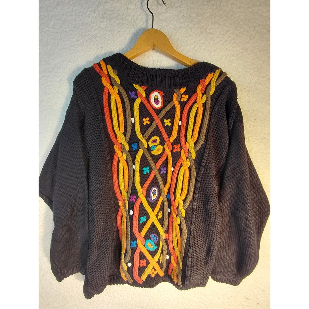 Vintage Chunky Knit Sweater 3D Embroidered Rope Floral Boho Pullover Black Multi